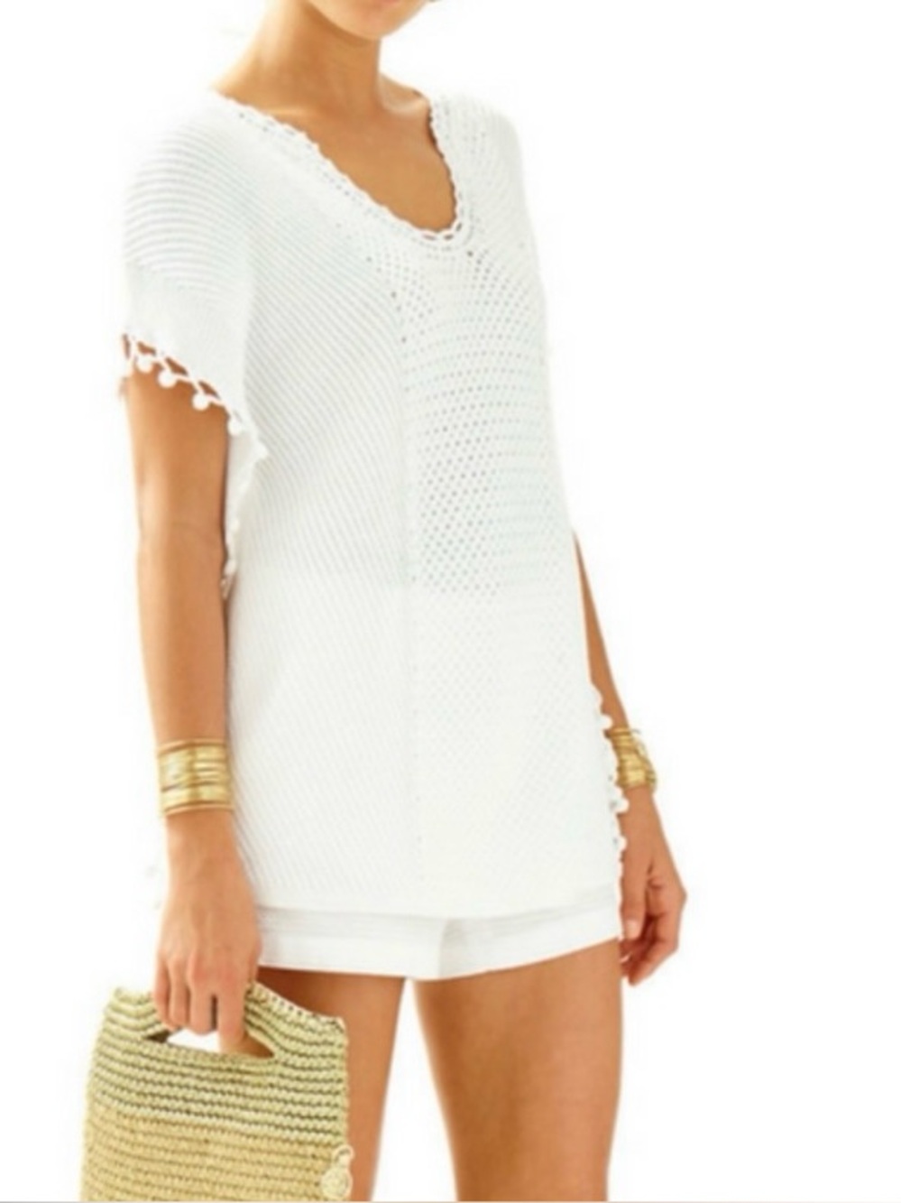 Lilly Pulitzer Keating White Resort Sweater XXS Cotton Tassels Pom-Poms  Preppy